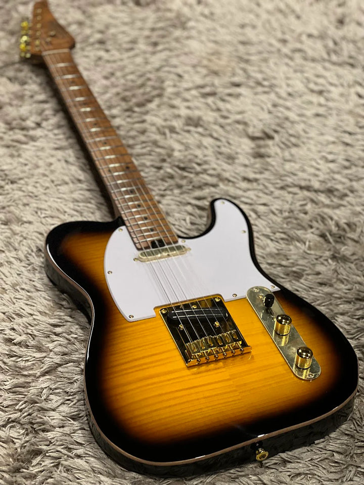 MT-1 FM 22 Deluxe Hotrail with One Piece Roasted Flame Neck in Brown Sunburst