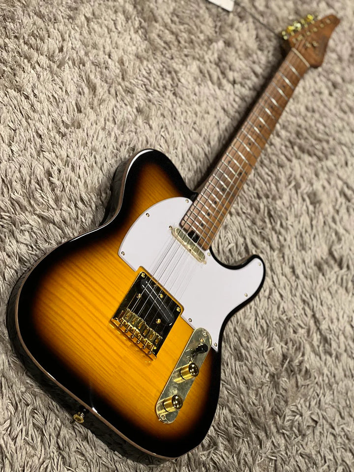 MT-1 FM 22 Deluxe Hotrail with One Piece Roasted Flame Neck in Brown Sunburst