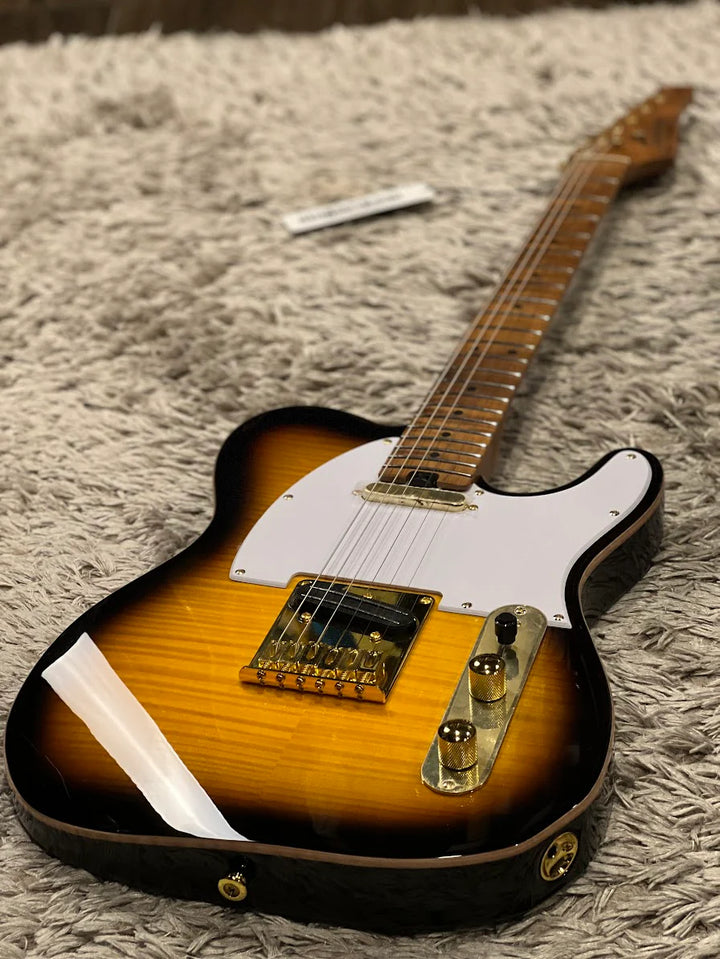 MT-1 FM 22 Deluxe Hotrail with One Piece Roasted Flame Neck in Brown Sunburst